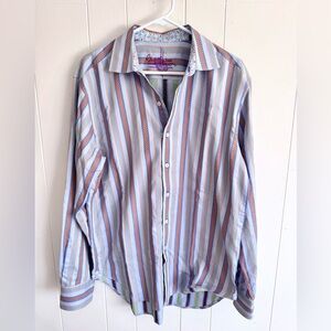 Robert Graham Men L Blue and Orange Striped Floral Flip Cuff Button Down Shirt